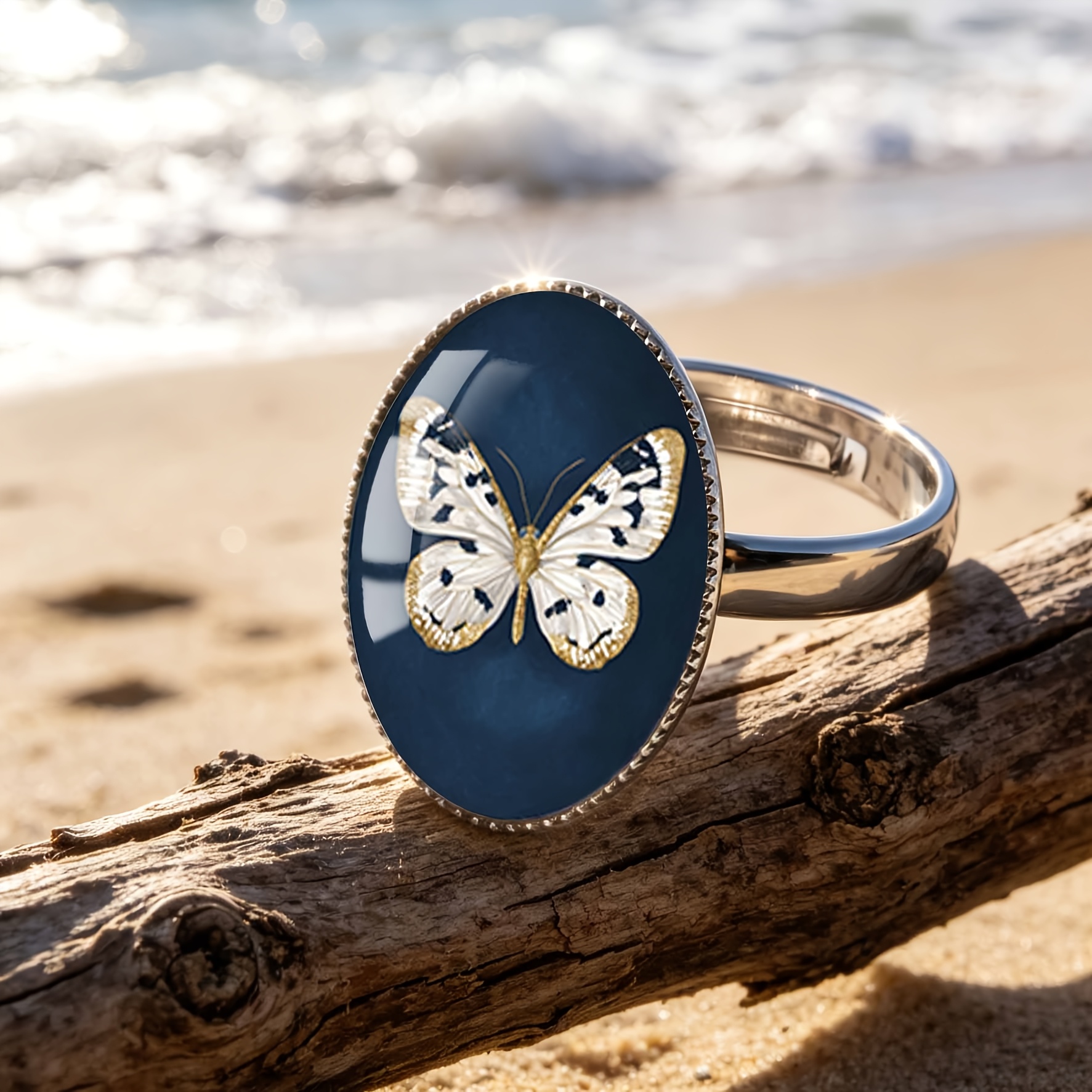 Women's Retro White Butterfly Pattern Stainless Steel Oval Open Ring
